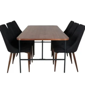 UnoWA ensemble table, table noyer décor et 6 Leone chaises noir. avec plateau en chêne massif
