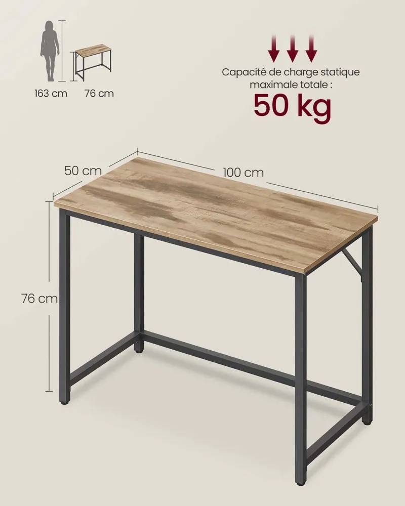 Bureau table poste de travail petite taille 100 x 50 x 75 cm pour bureau salon chambre assemblage facile métal style indus...