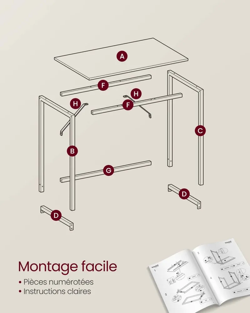 Bureau table poste de travail petite taille 100 x 50 x 75 cm pour bureau salon chambre assemblage facile métal style indus...