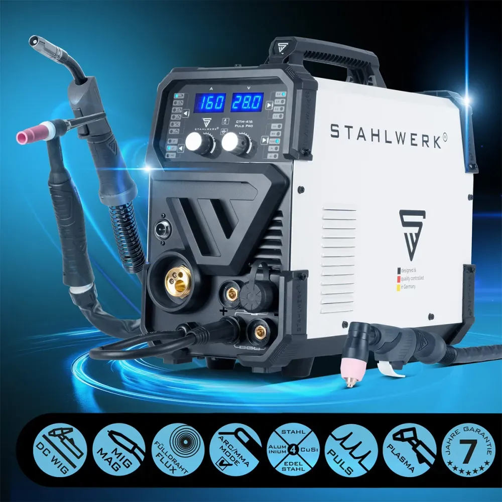 Poste à souder combiné STAHLWERK CTM-416 Puls Pro Poste à souder au gaz inerte 6 en 1 entièrement équipé | Onduleur de 160...