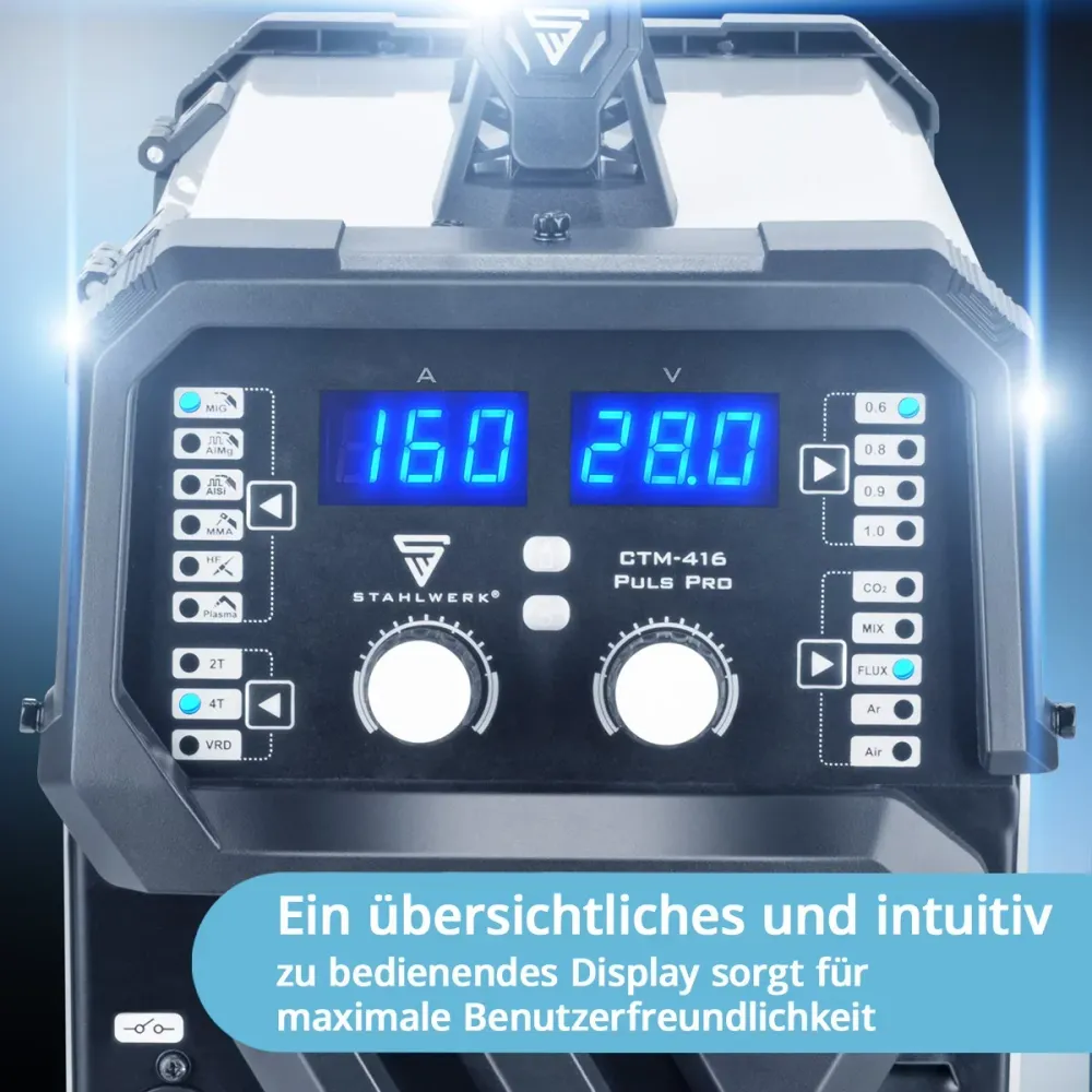 Poste à souder combiné STAHLWERK CTM-416 Puls Pro Poste à souder au gaz inerte 6 en 1 entièrement équipé | Onduleur de 160...