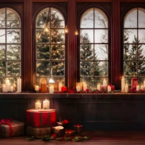 Toiles de fond Noël Fenêtre Lueur Bougies Arbres Enneigés MRR8-262