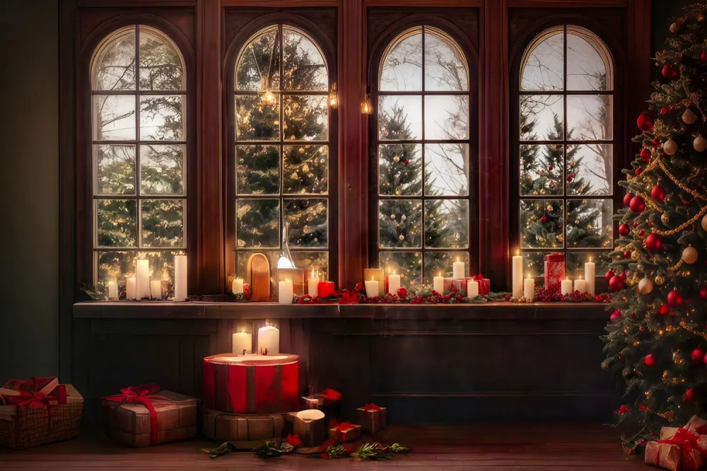 Toiles de fond Noël Fenêtre Lueur Bougies Arbres Enneigés MRR8-262