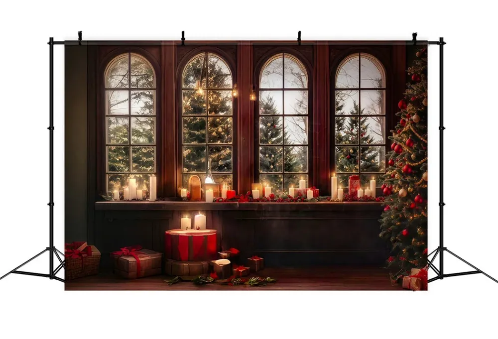 Toiles de fond Noël Fenêtre Lueur Bougies Arbres Enneigés MRR8-262