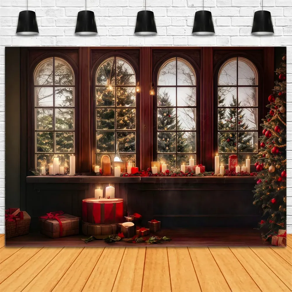 Toiles de fond Noël Fenêtre Lueur Bougies Arbres Enneigés MRR8-262