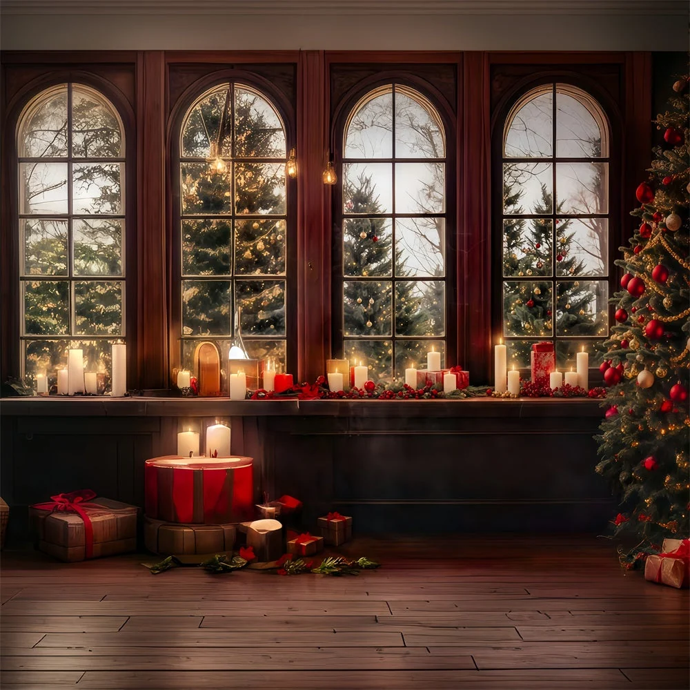 Toiles de fond Noël Fenêtre Lueur Bougies Arbres Enneigés MRR8-262