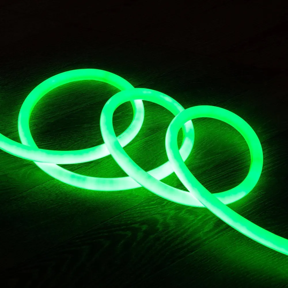 Tube LED souple rond 360º réglable 120LED/m 220V AC vert IP67 découpe 100cm