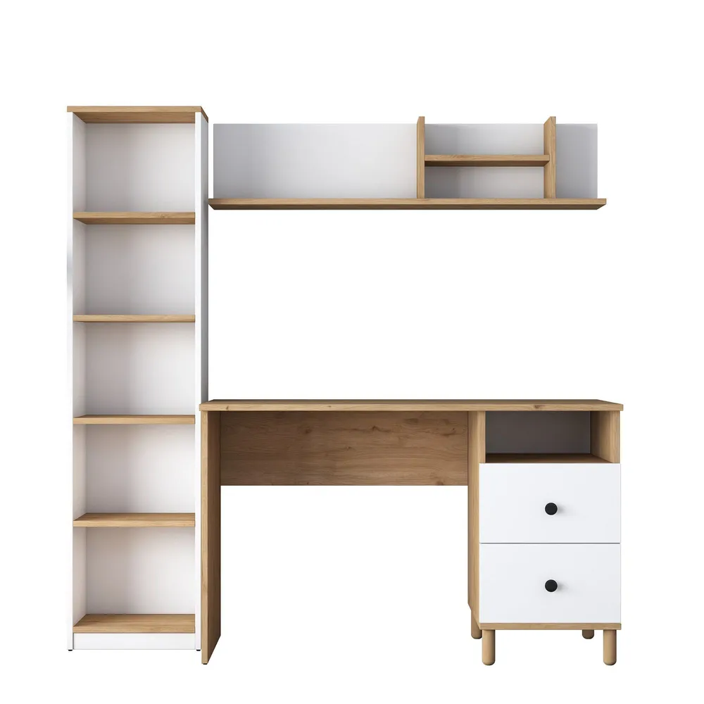 Bureau avec étagère bibliothèque Evrard Bois évident et Blanc avec serrure à clé