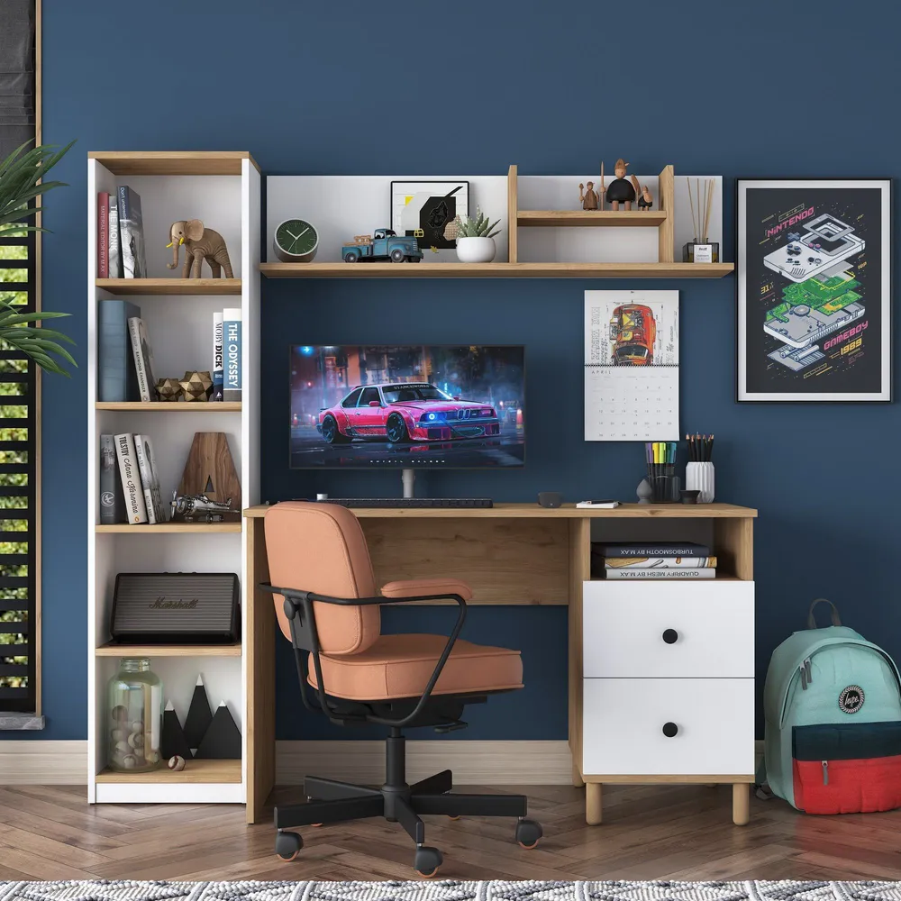 Bureau avec étagère bibliothèque Evrard Bois évident et Blanc avec serrure à clé