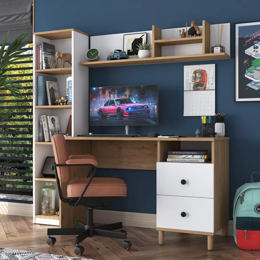 Bureau avec étagère bibliothèque Evrard Bois évident et Blanc avec serrure à clé