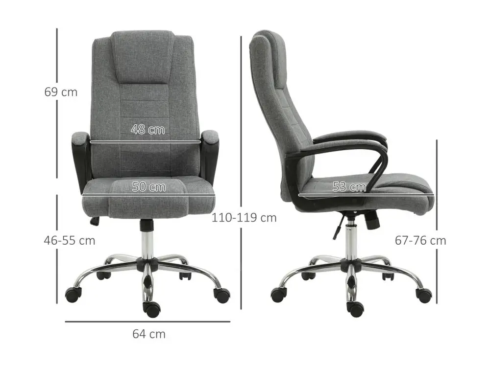 HOMCOM Fauteuil de bureau à roulettes chaise manager ergonomique pivotante hauteur réglable lin gris noir