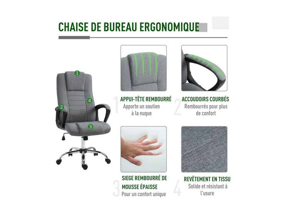 HOMCOM Fauteuil de bureau à roulettes chaise manager ergonomique pivotante hauteur réglable lin gris noir
