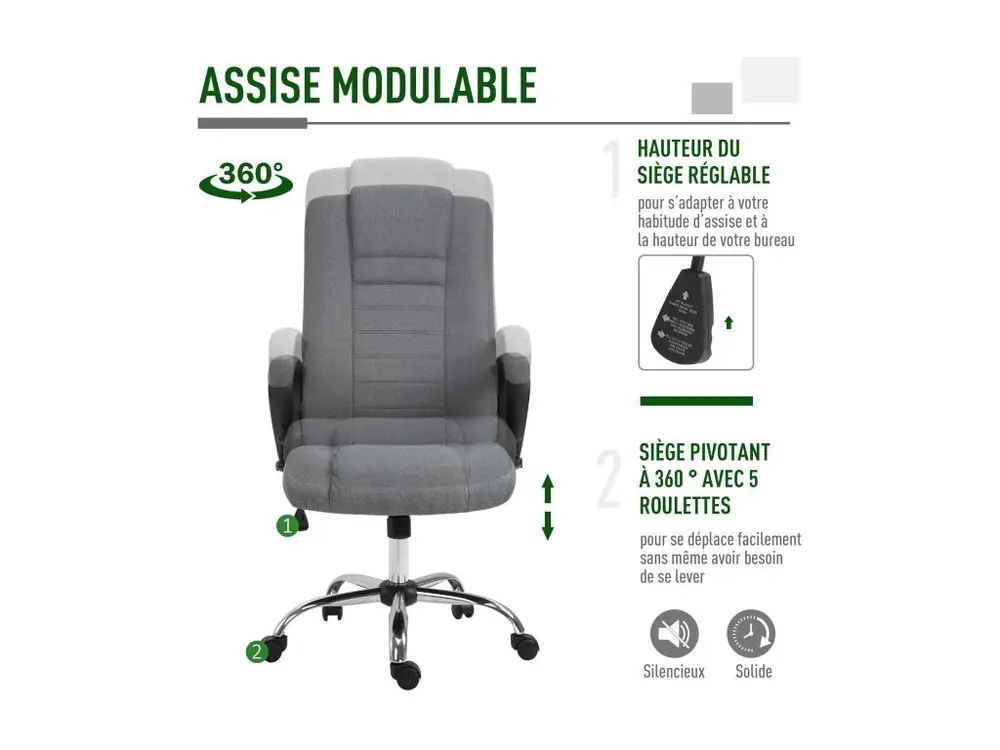 HOMCOM Fauteuil de bureau à roulettes chaise manager ergonomique pivotante hauteur réglable lin gris noir