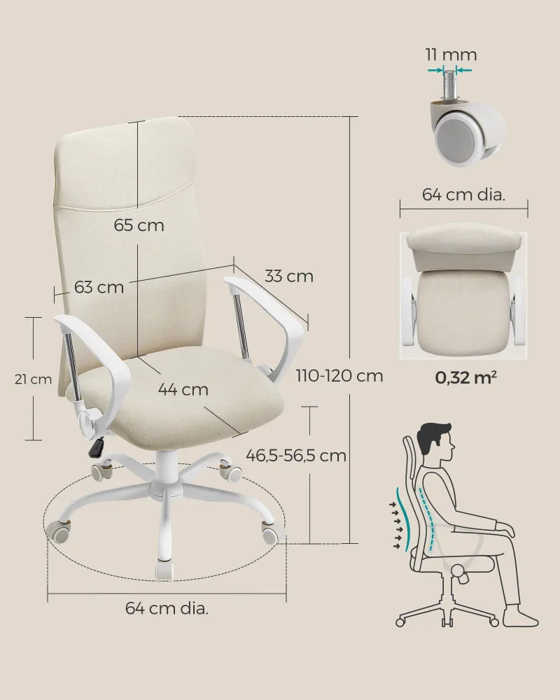 Fauteuil de bureau chaise ergonomique siège rembourré pivotant en tissu hauteur réglable mécanisme basculent charge 120 kg...