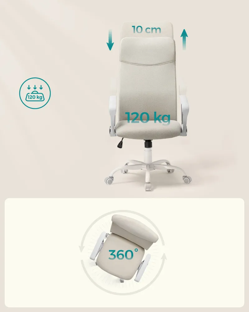 Fauteuil de bureau chaise ergonomique siège rembourré pivotant en tissu hauteur réglable mécanisme basculent charge 120 kg...