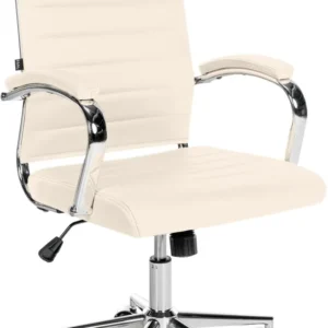 Fauteuil de bureau en cuir véritable crème surpiqûre horizontale et pieds métal chromé 10_0002555