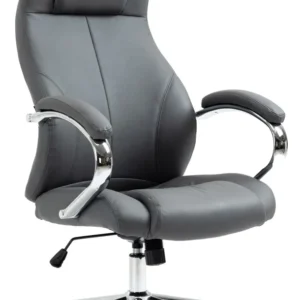 Fauteuil de bureau sur roulettes dossier ergonomique en S appui-tête en cuir véritable gris et métal 10_0007058