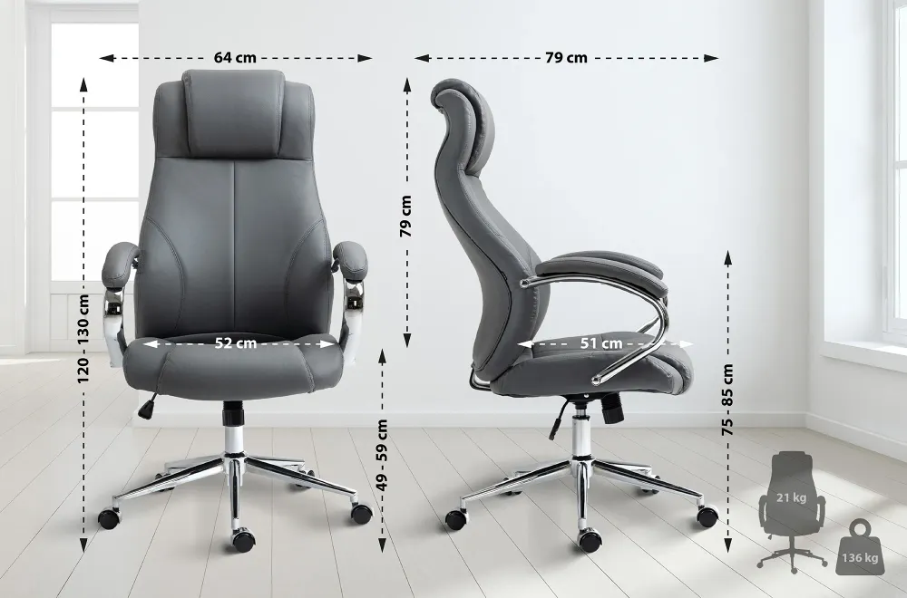Fauteuil de bureau sur roulettes dossier ergonomique en S appui-tête en cuir véritable gris et métal 10_0007058