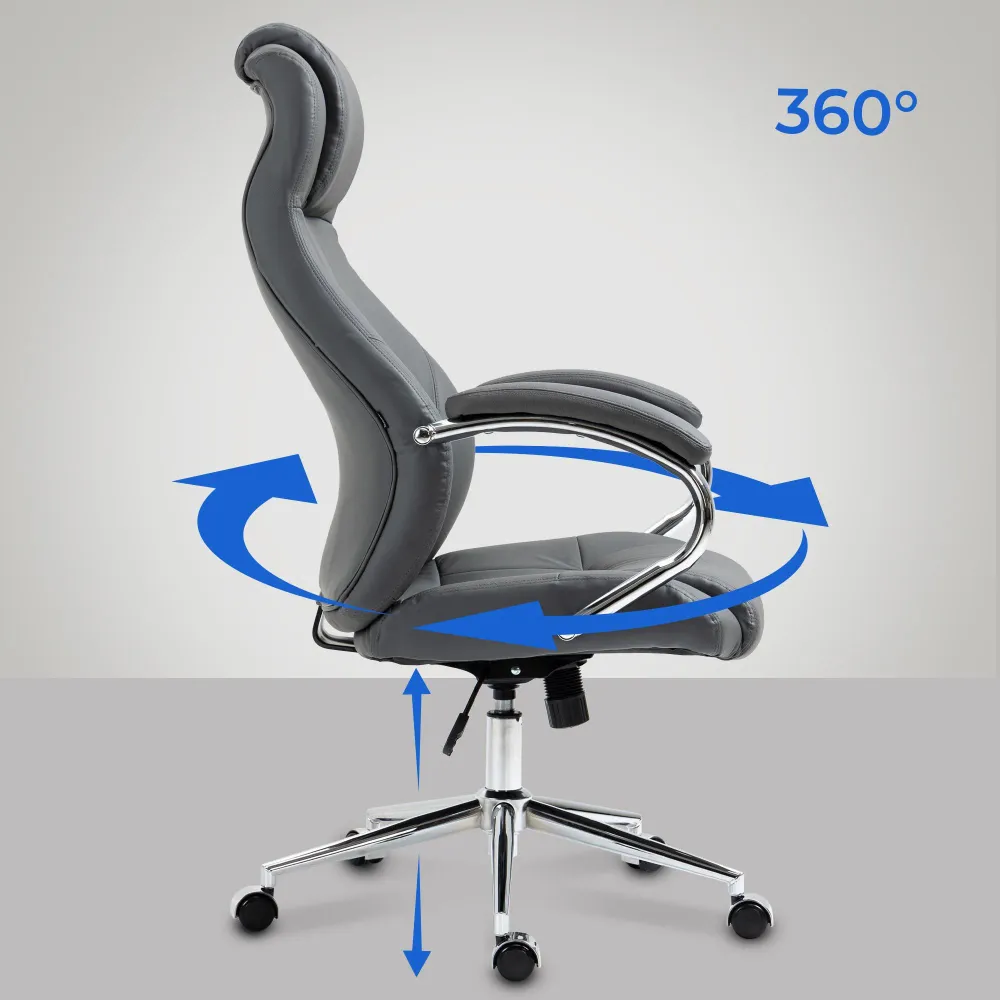 Fauteuil de bureau sur roulettes dossier ergonomique en S appui-tête en cuir véritable gris et métal 10_0007058