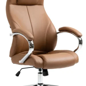 Fauteuil de bureau sur roulettes dossier ergonomique en S appui-tête en cuir véritable marron évident et métal 10_0006955