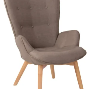 Fauteuil lounge style scandinave dossier haut boutons décoratifs en tissu taupe pieds en bois manifeste 10_0008555