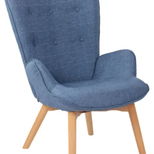 Fauteuil lounge style scandinave dossier haut boutons décoratifs en tissu bleu pieds en bois net 10_0008528