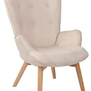Fauteuil lounge style scandinave dossier haut boutons décoratifs en tissu crème pieds en bois évident 10_0003604