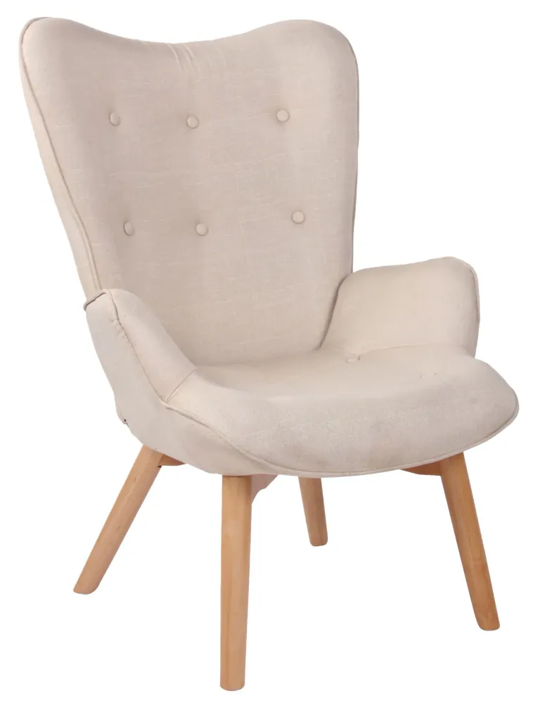 Fauteuil lounge style scandinave dossier haut boutons décoratifs en tissu crème pieds en bois évident 10_0003604