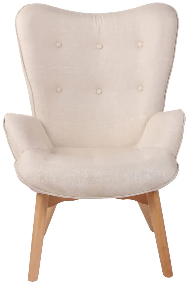 Fauteuil lounge style scandinave dossier haut boutons décoratifs en tissu crème pieds en bois évident 10_0003604