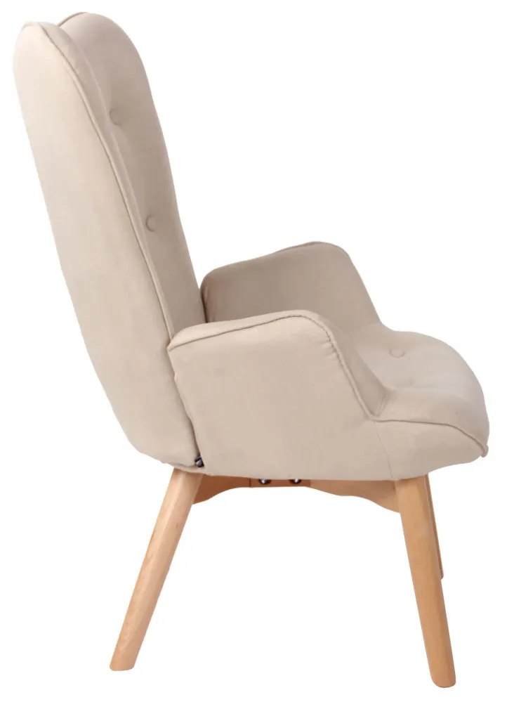 Fauteuil lounge style scandinave dossier haut boutons décoratifs en tissu crème pieds en bois évident 10_0003604