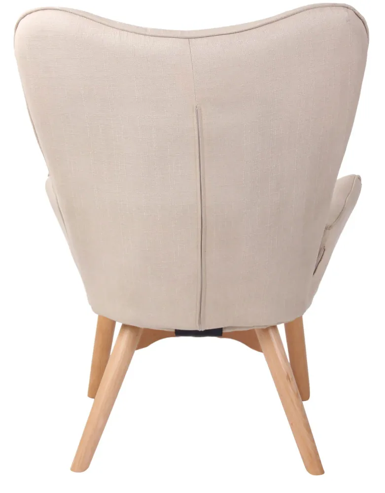 Fauteuil lounge style scandinave dossier haut boutons décoratifs en tissu crème pieds en bois évident 10_0003604