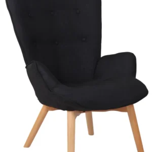 Fauteuil lounge style scandinave dossier haut boutons décoratifs en tissu noir pieds en bois net 10_0003603
