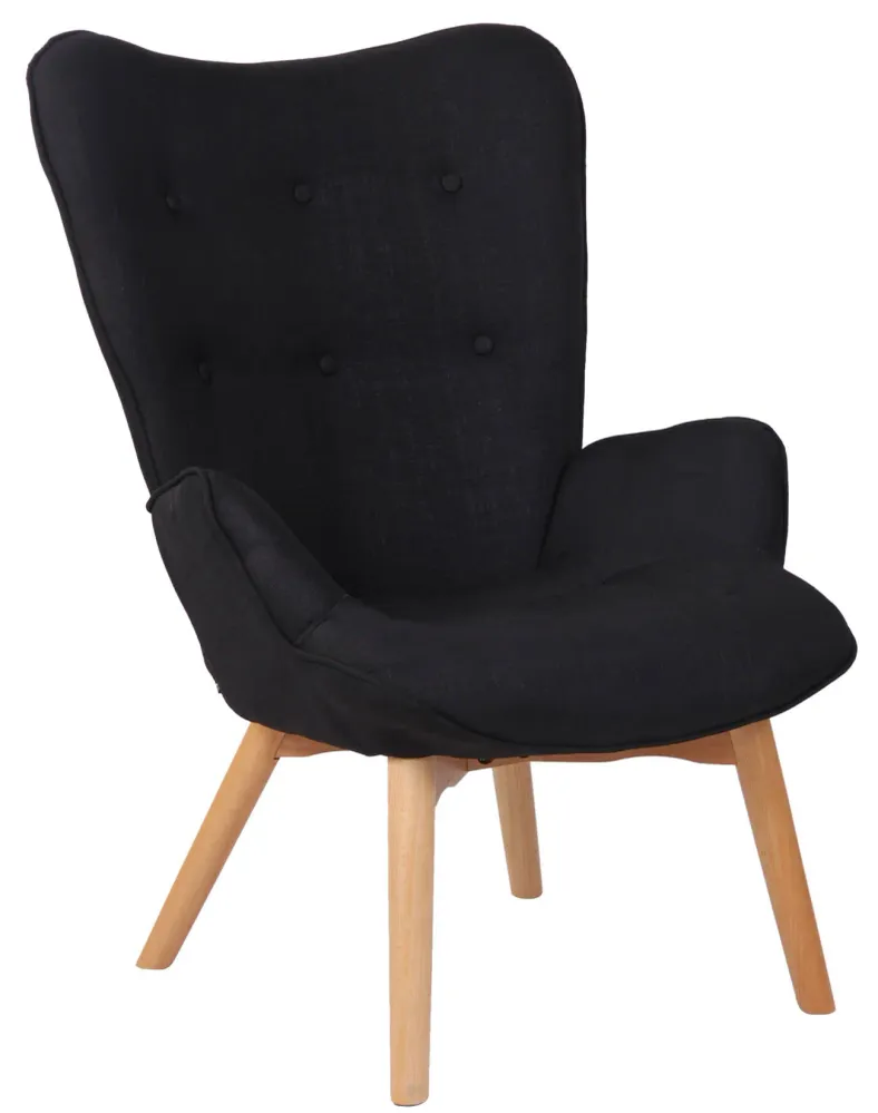 Fauteuil lounge style scandinave dossier haut boutons décoratifs en tissu noir pieds en bois net 10_0003603