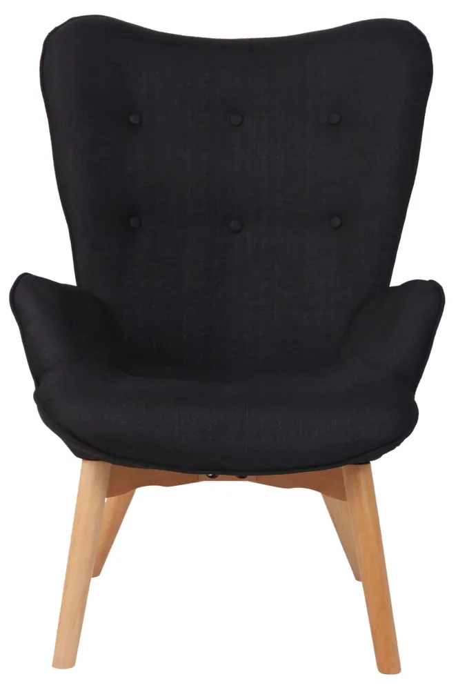 Fauteuil lounge style scandinave dossier haut boutons décoratifs en tissu noir pieds en bois net 10_0003603