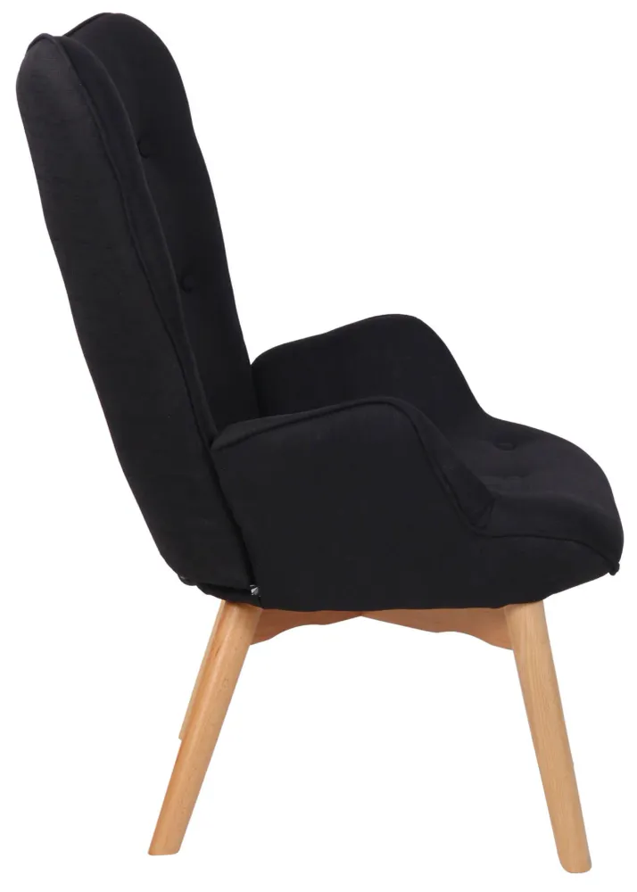 Fauteuil lounge style scandinave dossier haut boutons décoratifs en tissu noir pieds en bois net 10_0003603