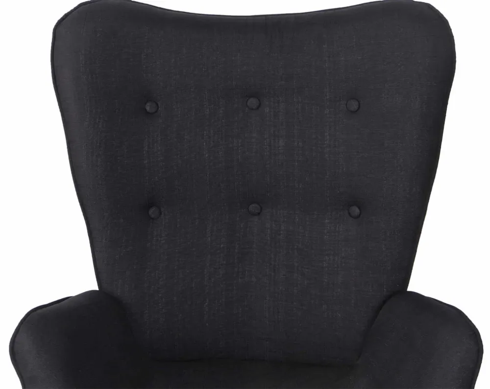 Fauteuil lounge style scandinave dossier haut boutons décoratifs en tissu noir pieds en bois net 10_0003603