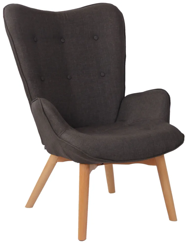 Fauteuil lounge style scandinave dossier haut boutons décoratifs en tissu gris foncé pieds en bois net 10_0003601