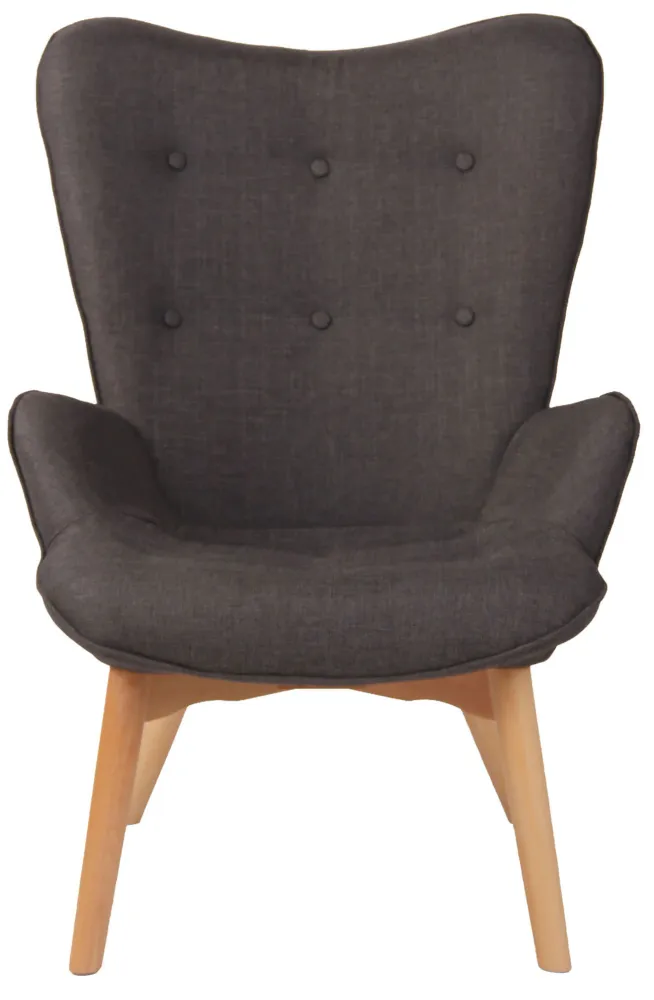 Fauteuil lounge style scandinave dossier haut boutons décoratifs en tissu gris foncé pieds en bois net 10_0003601