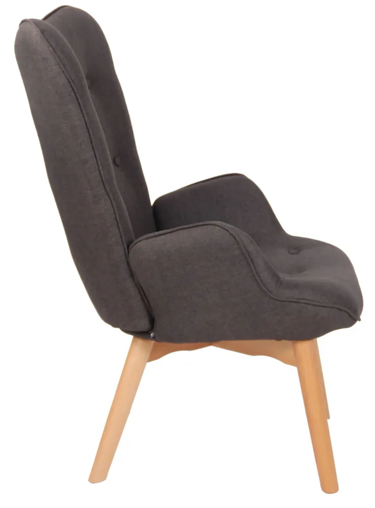 Fauteuil lounge style scandinave dossier haut boutons décoratifs en tissu gris foncé pieds en bois net 10_0003601