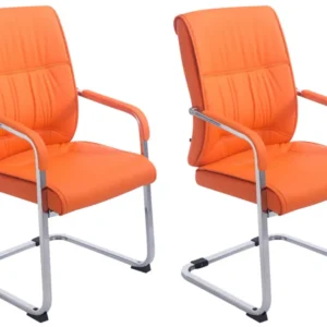 Lot de 2 fauteuils de bureau sans roulettes XXL jusqu'à 260 kg en VINYLE orange et métal chromé 10_0007023
