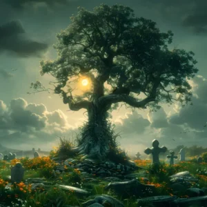 Toile de fond d'arbre de cimetière enchanté d'Halloween RR7-286