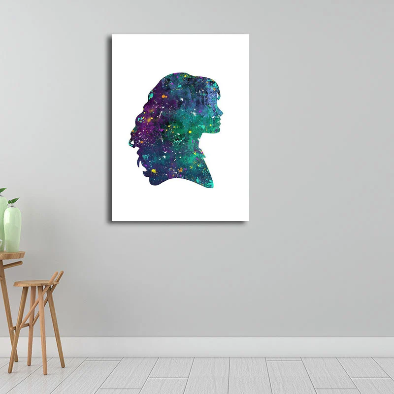 Art mural bleu texturé, impression sur toile aquarelle avec visage latéral minimaliste, pour le salon