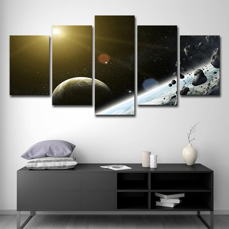 Art mural planète spatiale, météorite noire et soleil, impression sur toile pour chambre de garçon
