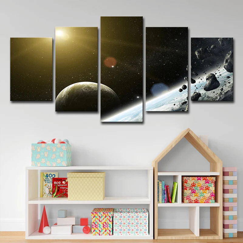 Art mural planète spatiale, météorite noire et soleil, impression sur toile pour chambre de garçon