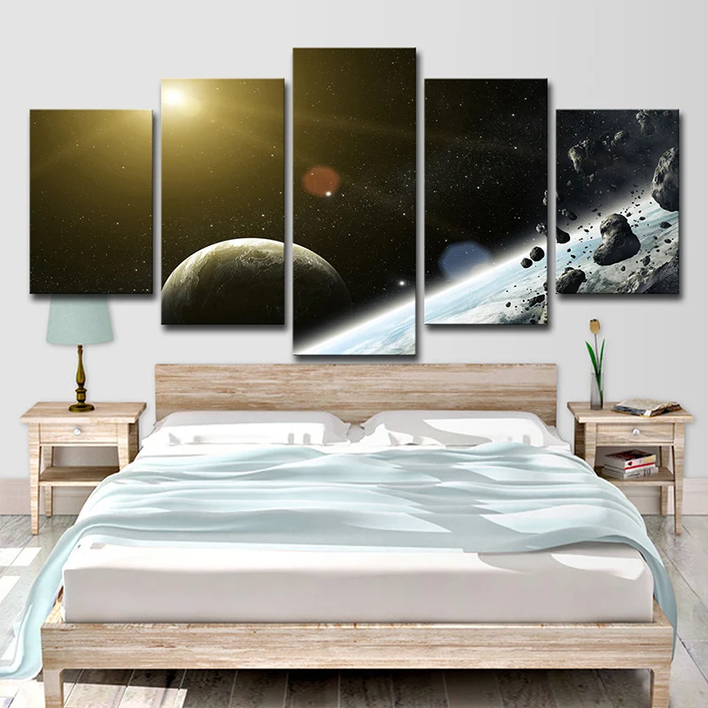 Art mural planète spatiale, météorite noire et soleil, impression sur toile pour chambre de garçon