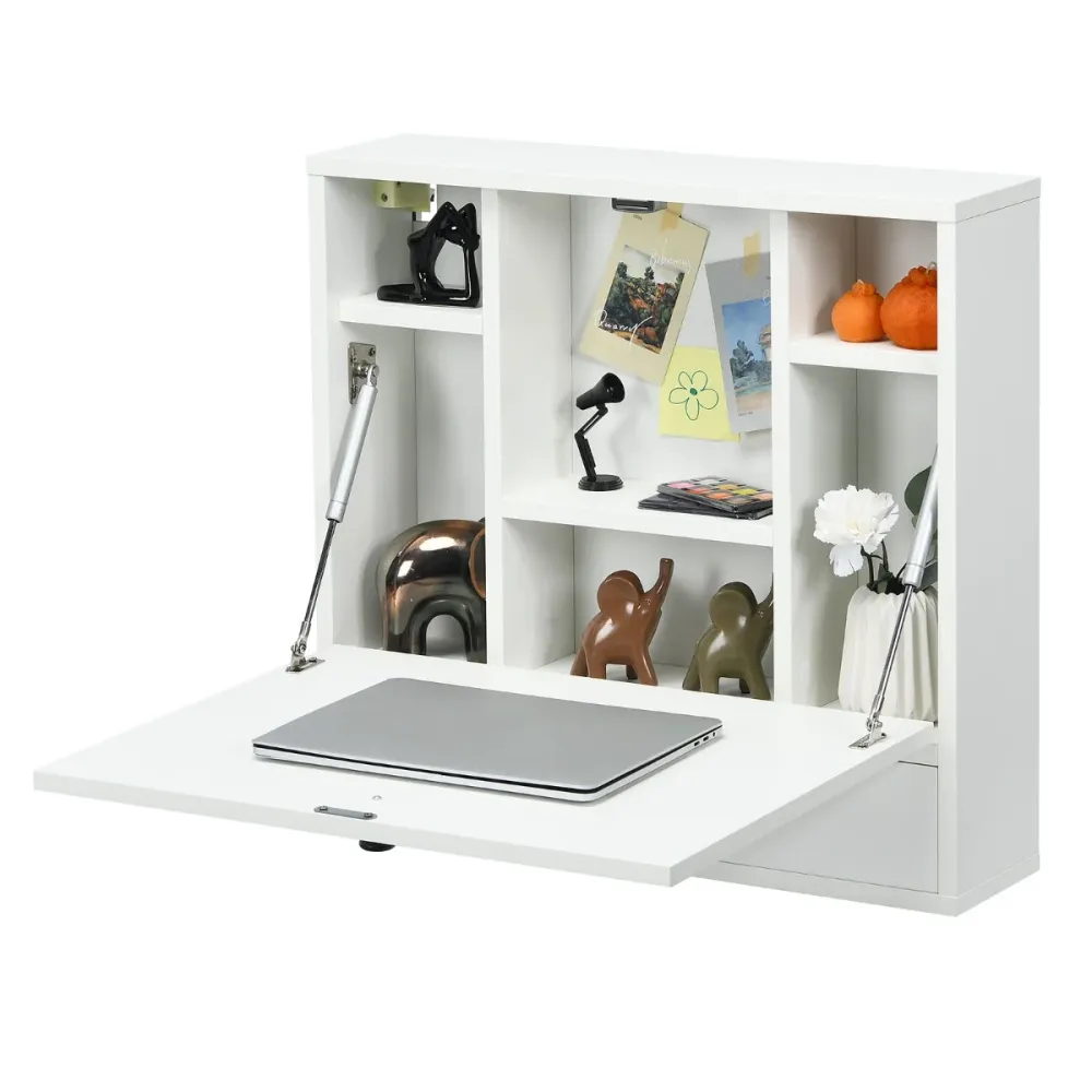 Bureau mural multifonctionnel 60 x 15 x 57 cm avec étagères pratiques style contemporain en MDF blanc 20_0010932