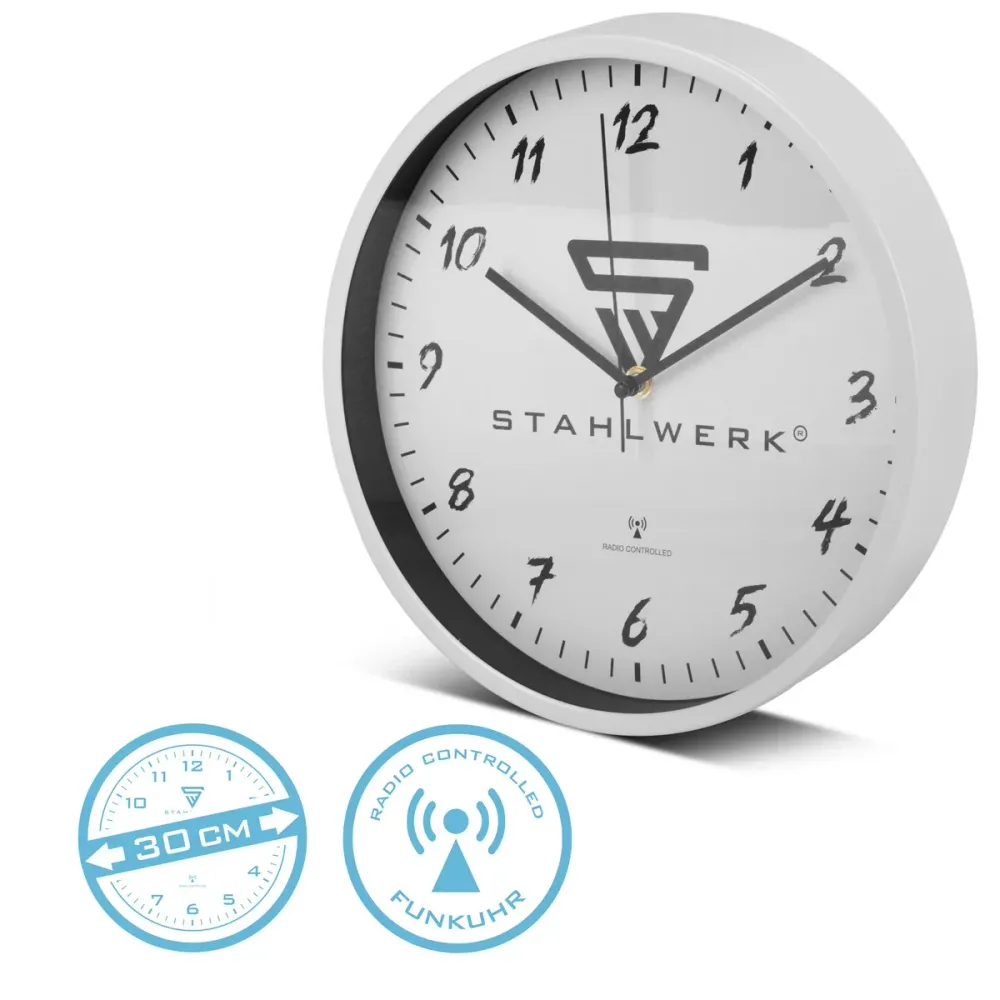 Horloge murale en acier de 30 cm montre Blanc pur Workshop | Horloge radio | Horloge murale radio | Horloge de bureau | Su...