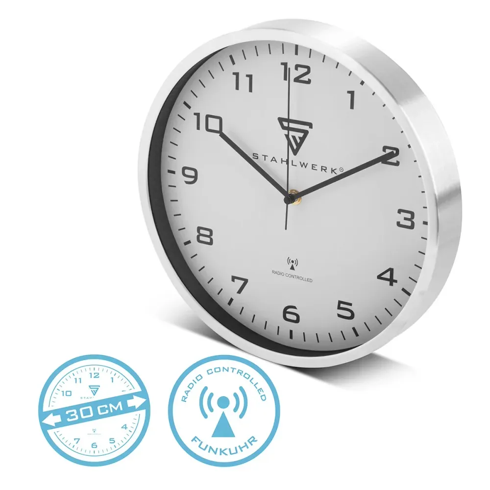 Horloge murale en acier de 30 cm montre de l'atelier en argent | Horloge radio | Horloge murale radio | Horloge de bureau...