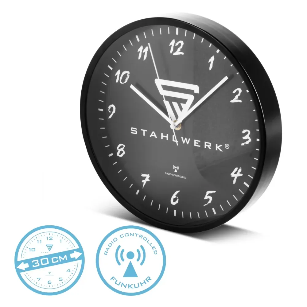 Horloge murale en acier de 30 cm montre de l'atelier noir | Horloge radio | Horloge murale radio | Horloge de bureau | Sur...