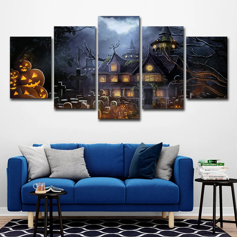 Impression artistique de citrouilles noires du défilé d'Halloween, décoration murale de salon en plusieurs pièces pour enf...